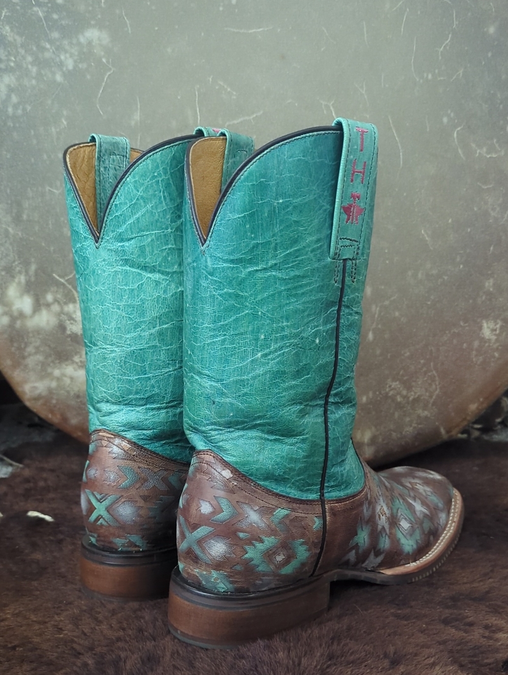 TIN HAUL "Painted Warrior" teal green/blue & brown Aztec square toe boots sz 9.5 - Picture 6 of 16